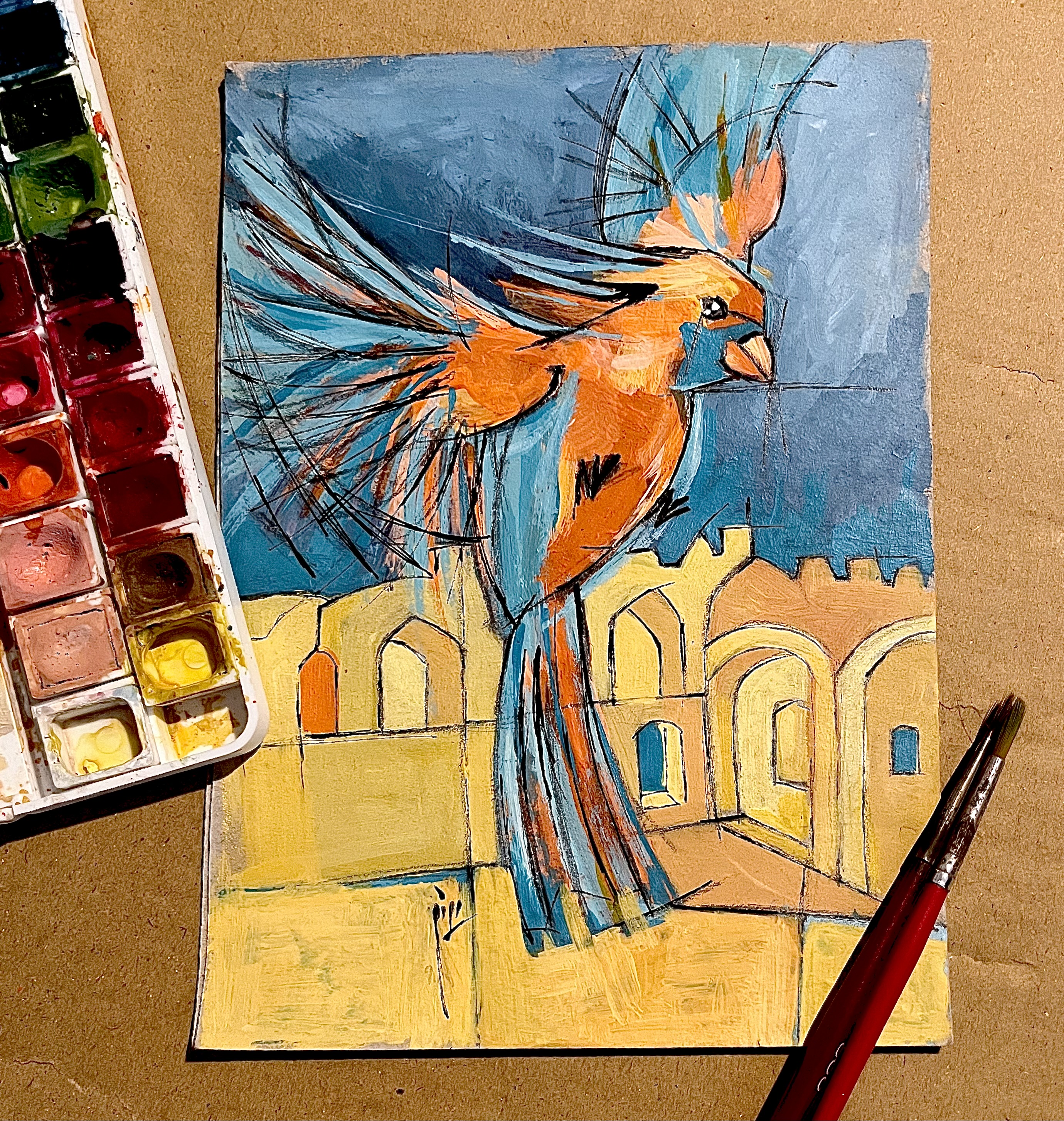 Flying orange parrot; My physical painting on cardboard #217