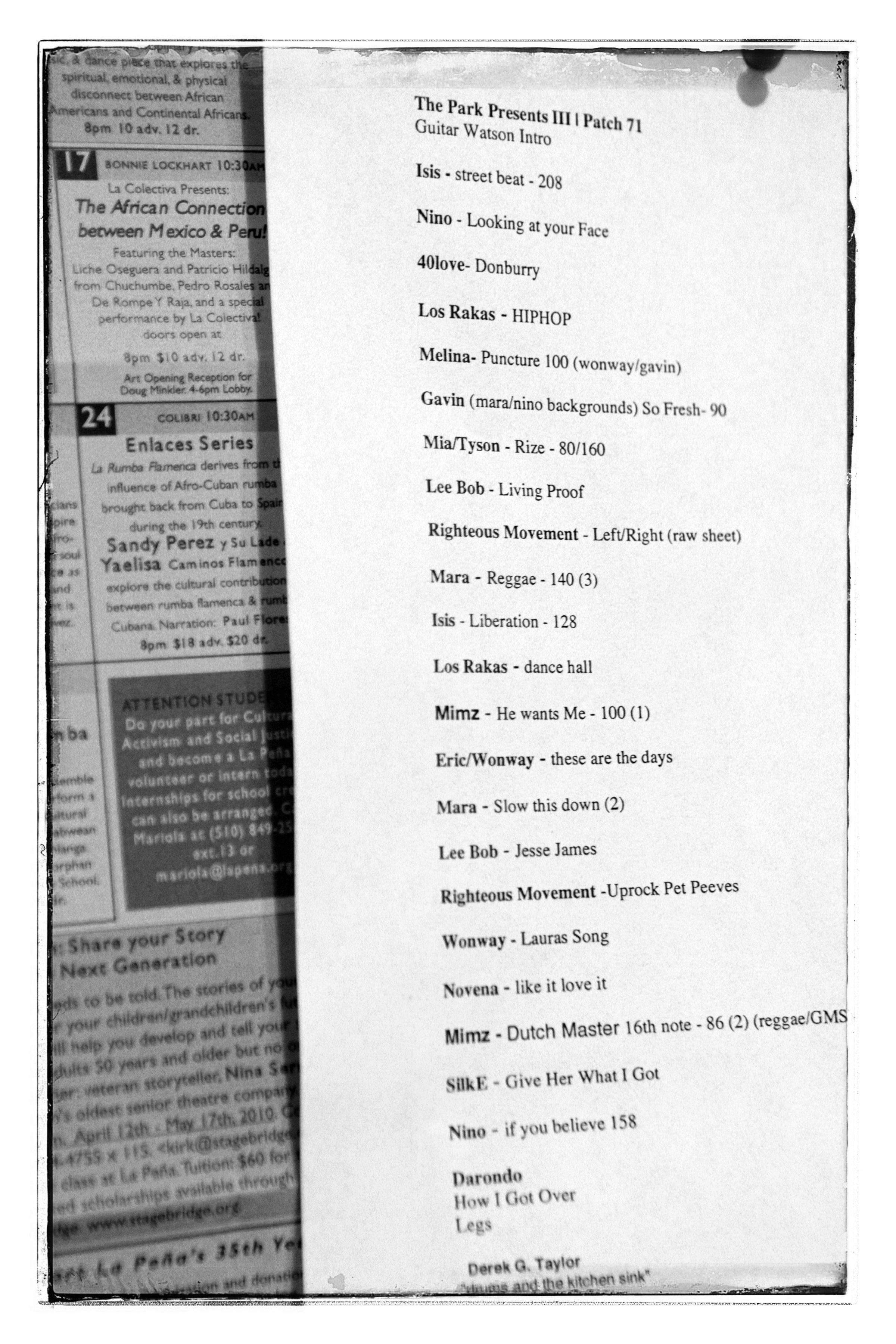 The Park Presents Volume III at  La Pena setlist