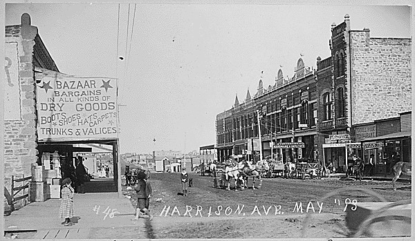 "Harrison Ave Guthrie [Oklahoma Territory] looking east from 1st St., May, (18)'93."