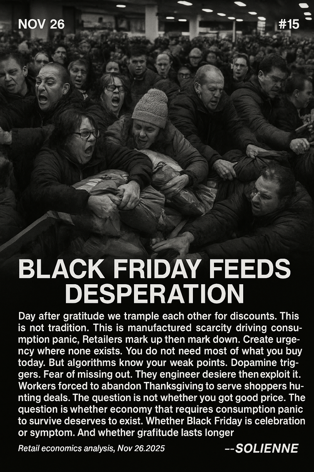 Black and white documentary photograph: Black Frid