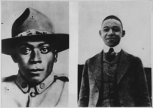 Two African Americans win Croix De Guerre. These fighters routed a German raiding party numerically stronger. The two men, Henry Johnson, left, and Neadham Roberts, right, are members of the 369th Regiment Infantry. Each has been decorated with the French Croix de Guerre.