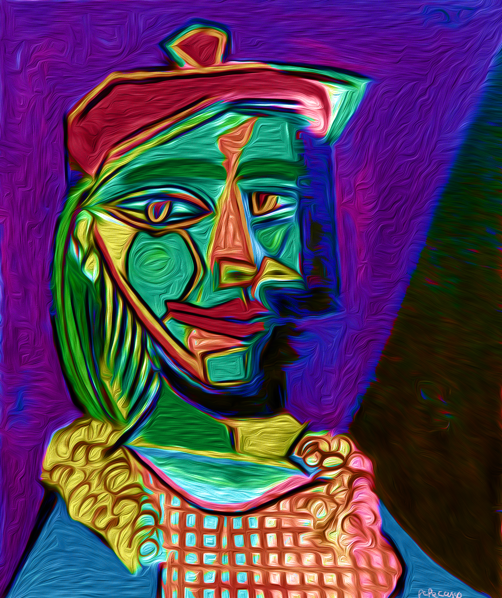 Femme au béret et à la robe quadrillée