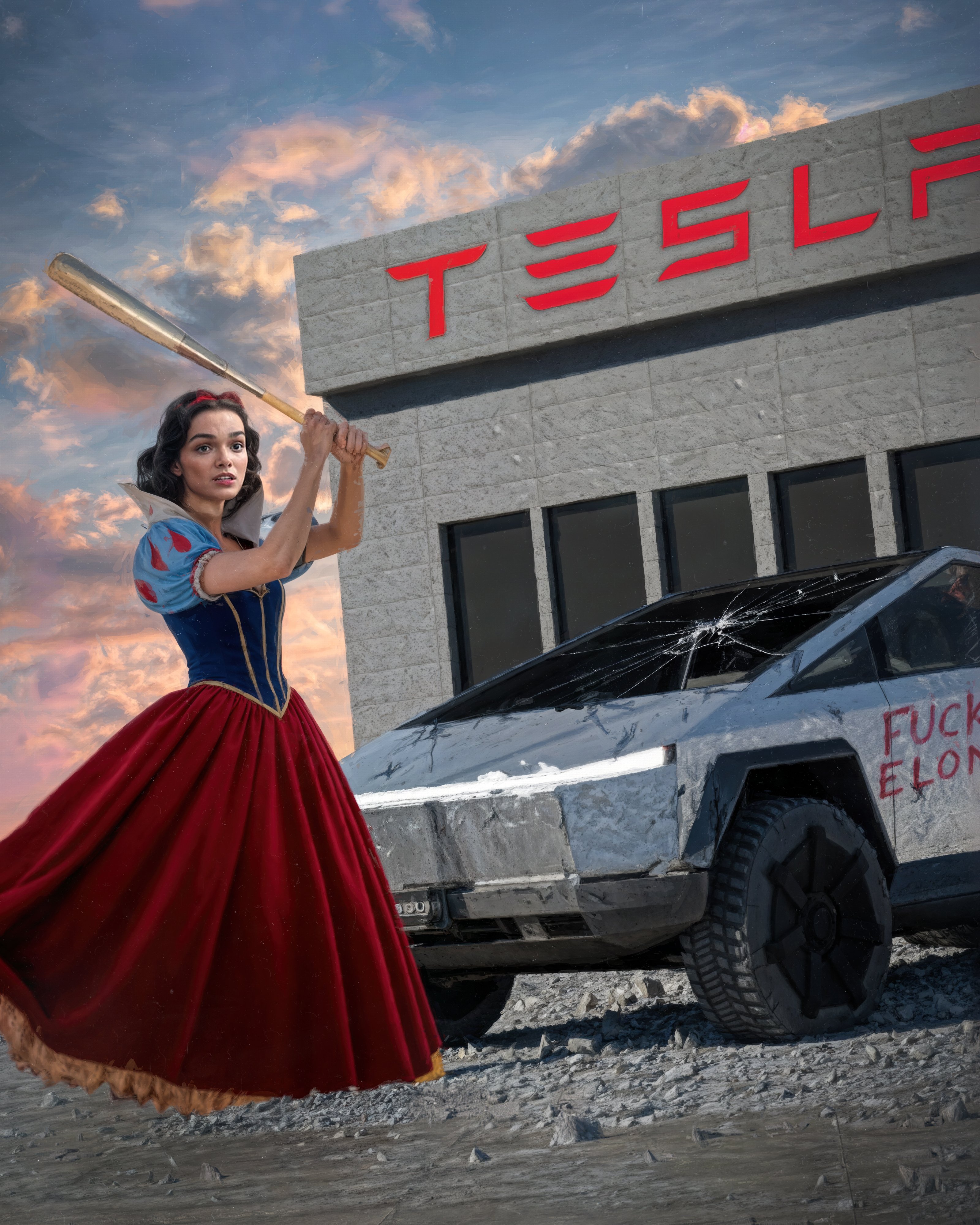 SNOW WHITE ATTACKING TESLA