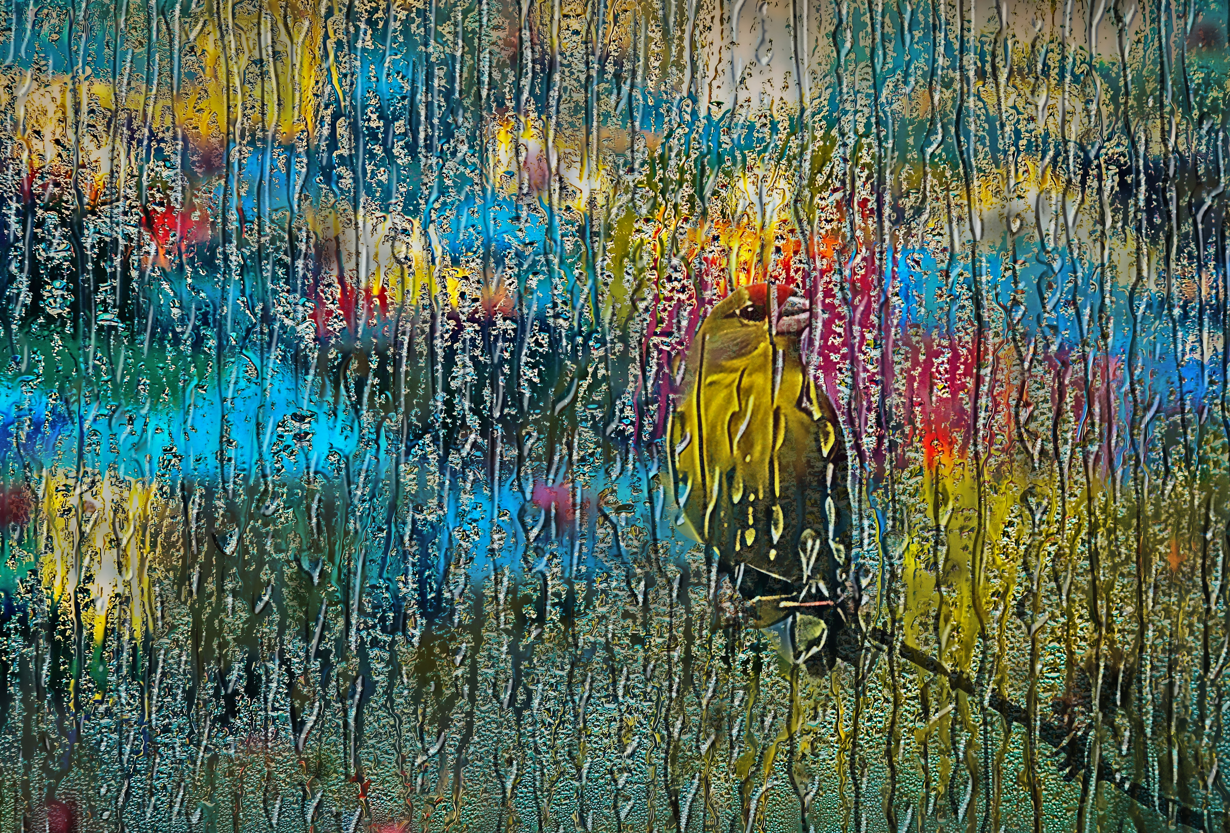 Greenfinch in Raindrops