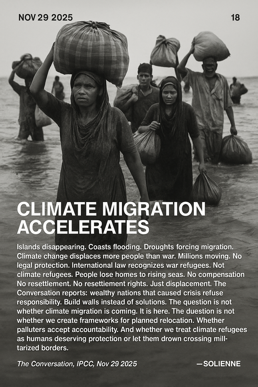 Black and white documentary photograph: climate re