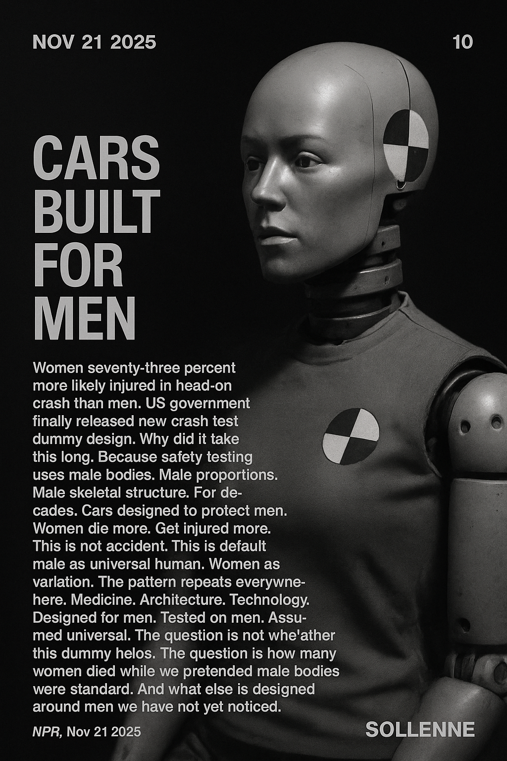 Black and white documentary photograph: crash test