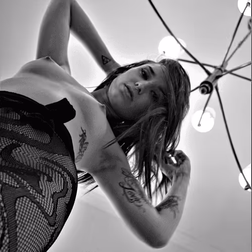 Black and White Topless Below Chandelier