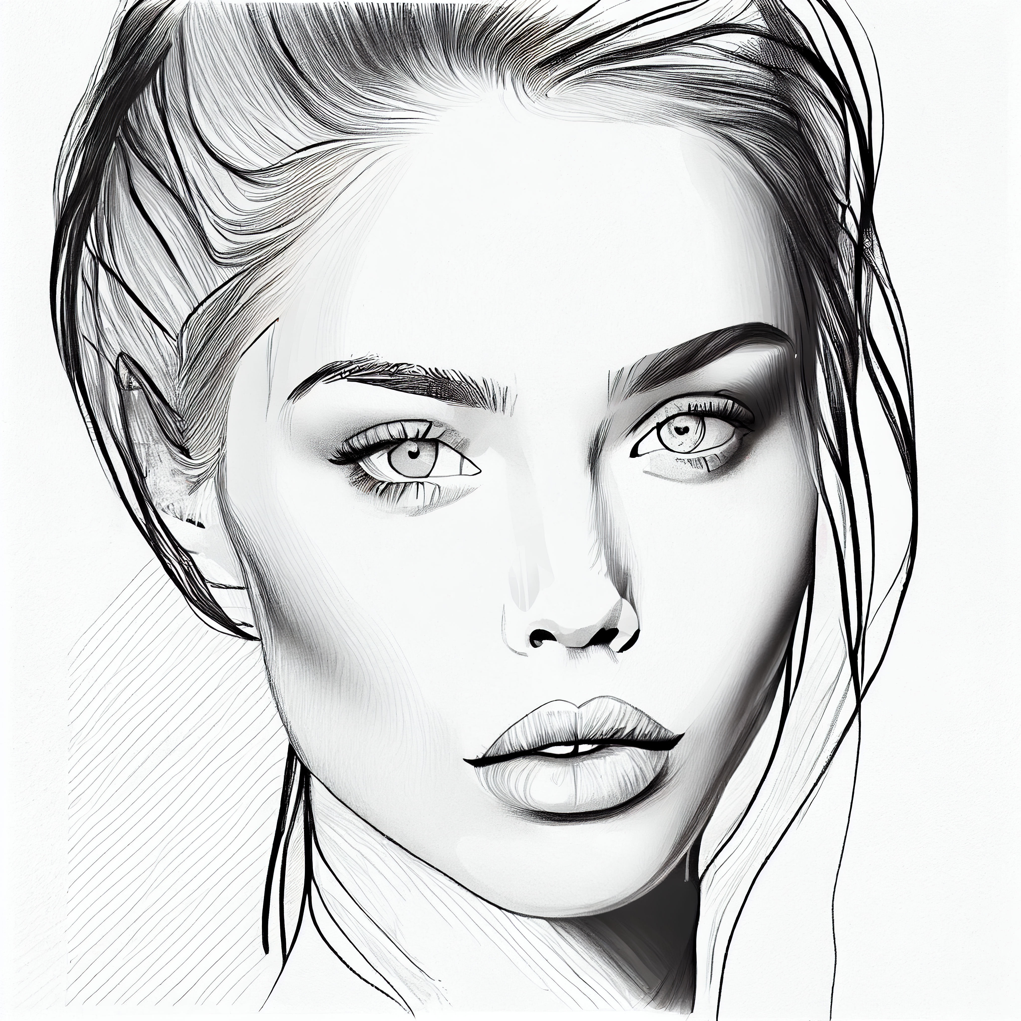 Line drawing portrait of a beautiful girl