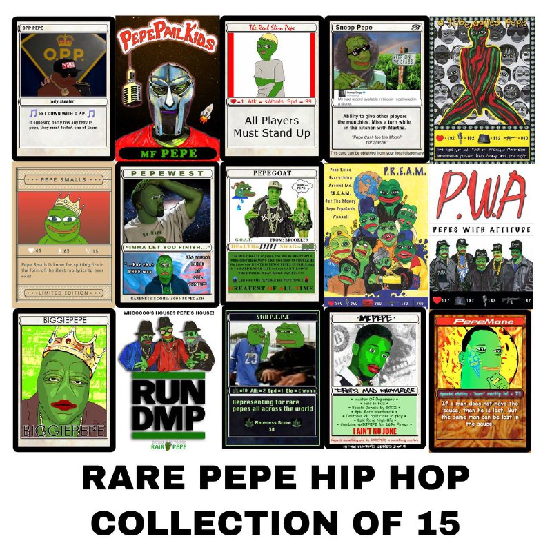 RARE PEPES RAP COLLECTION - 15 CARDS - PEPEWEST, PEPEMARAUDER, PEPETANGLCLAN, PEPEGOAT, STILLPEPE & MORE