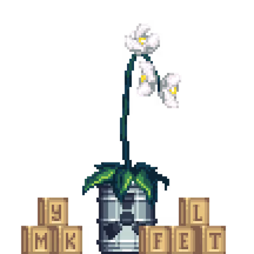 White Orchid in Radioactive Waste pot with Toy Cubes