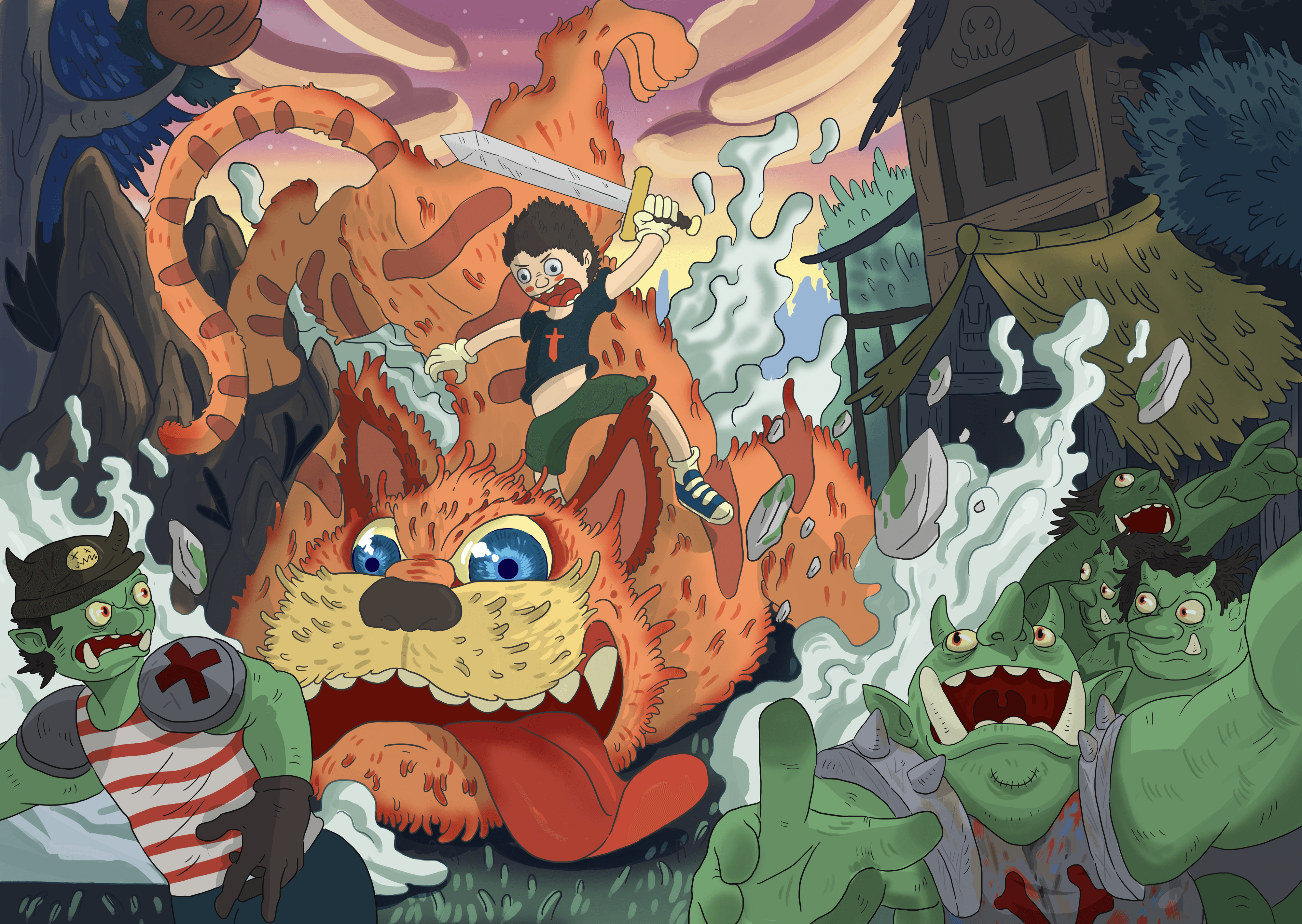 Adventurer Giant catAnd herds of orcs