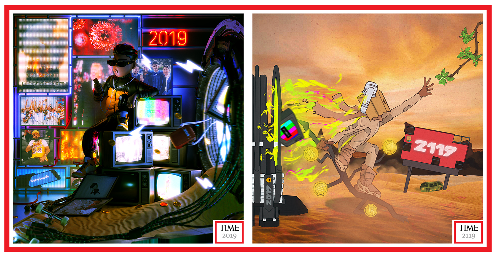 Blinding Lights: The Immigrant Paradox, 2019 by Waheed Ahmadzai & Reach For Redemption, 2119 by Gerald Jean Baptiste "Gamo"