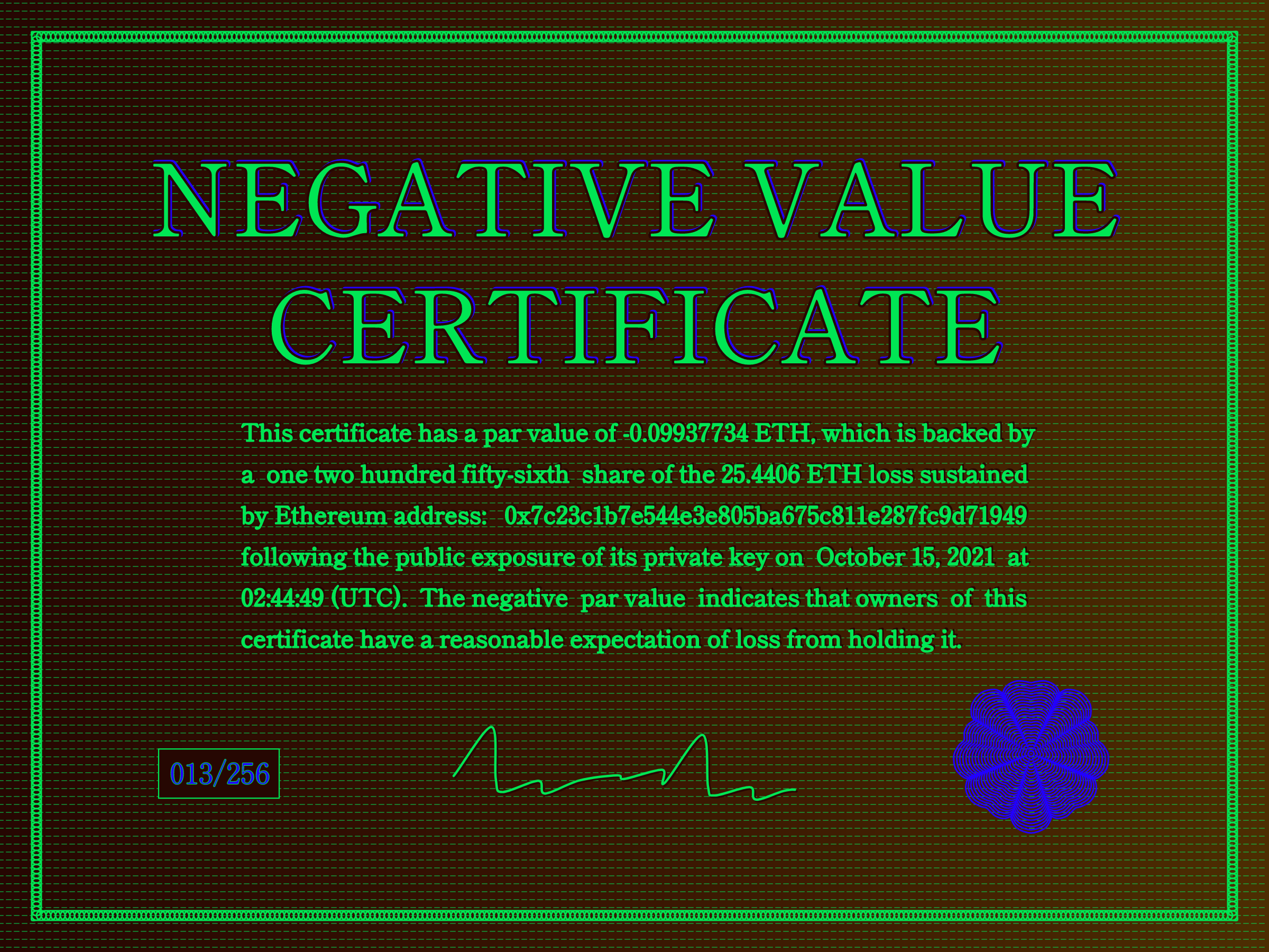 Negative Value Certificate #13 of 256
