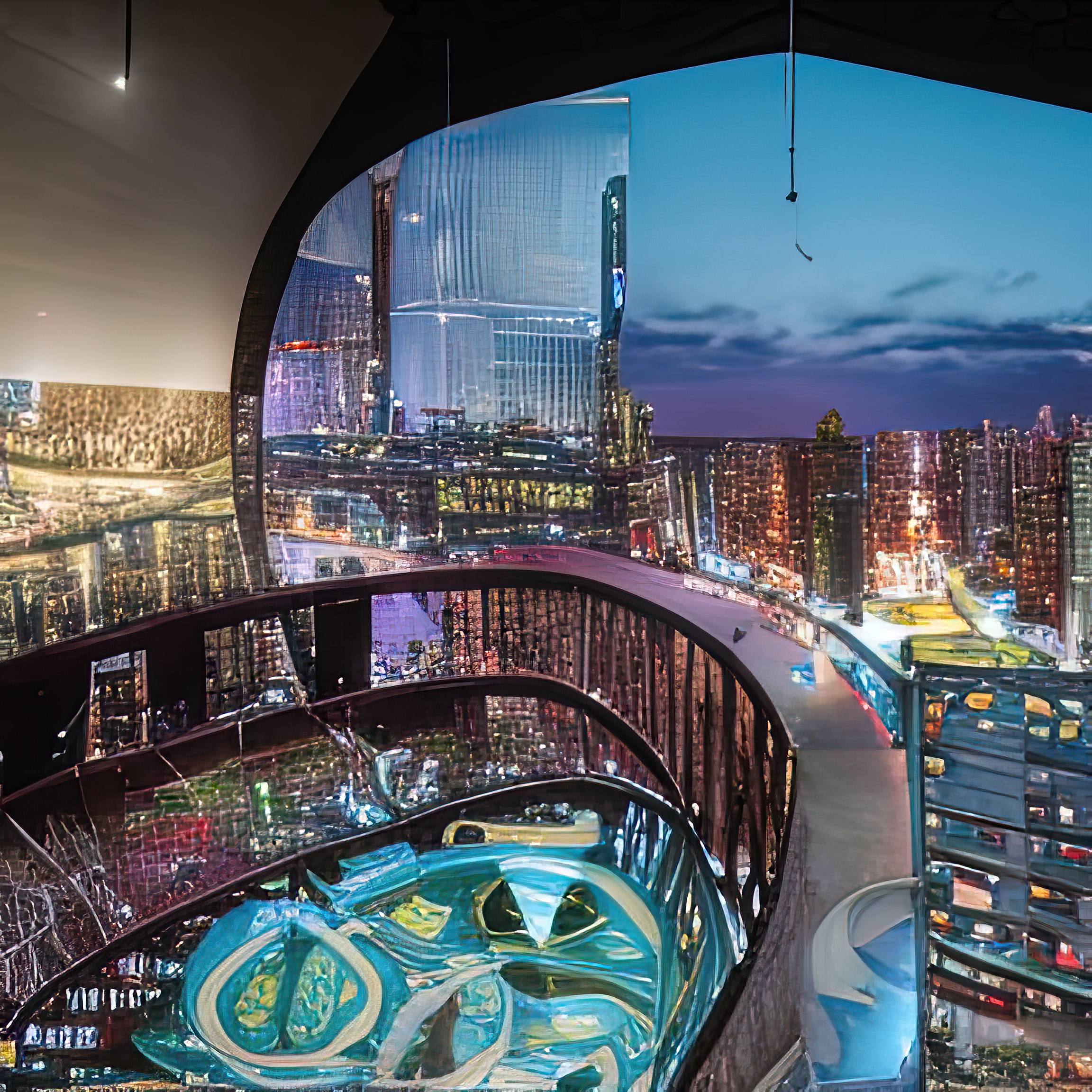 view from the balcony over vast cyberpunk city below 304234426