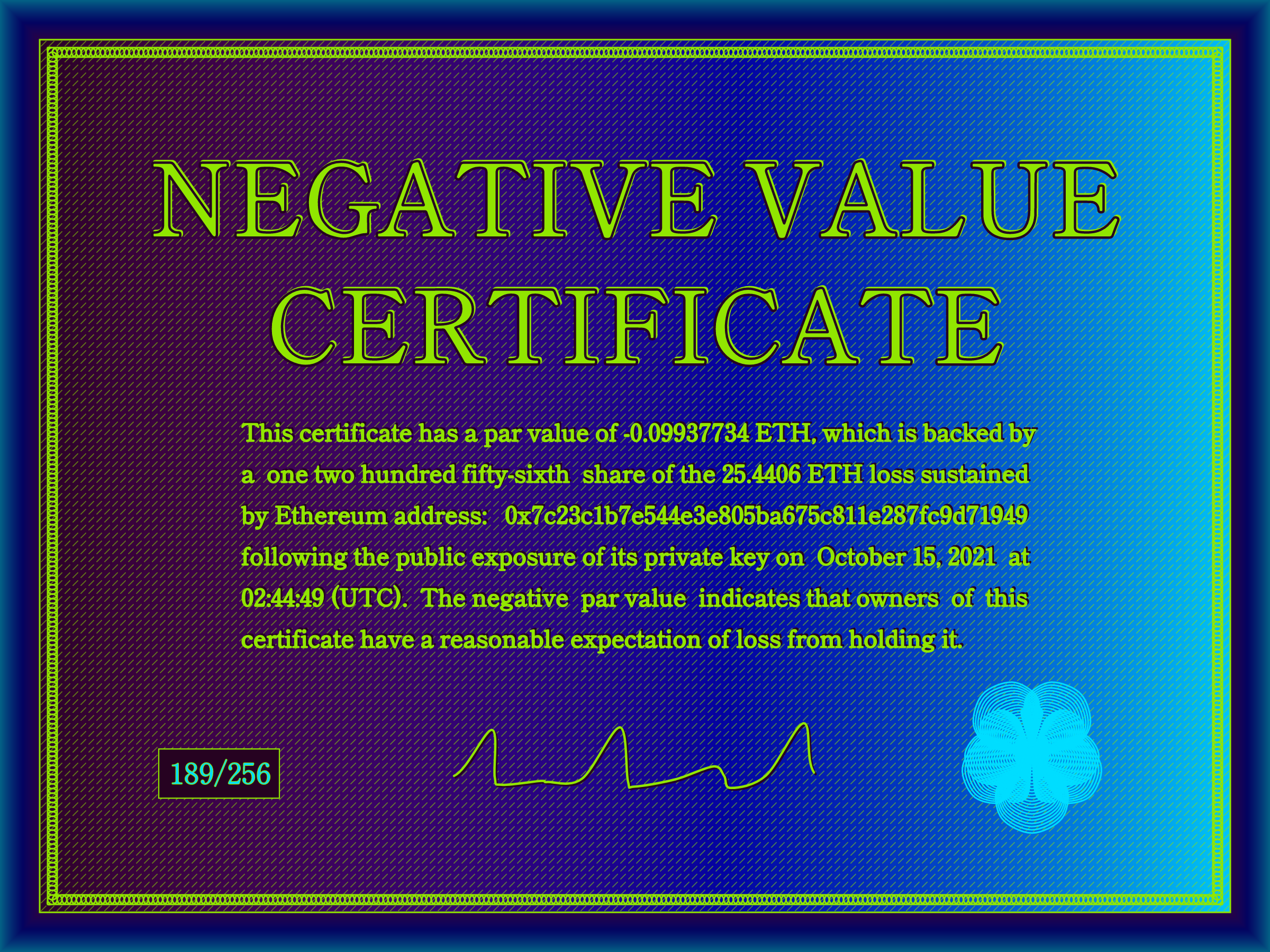 Negative Value Certificate #189 of 256