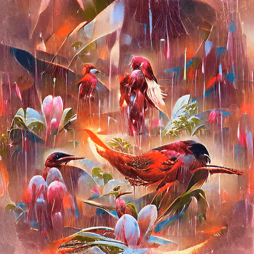 Spring rain.
Decidedly certain of its intention
A return to form.

Fractionalized crystals of a delicate soul
Make certain for rise of tropical birds
Their paradise, discoverd.

Heaven is grounded. A crimson glow, a warmth from within.