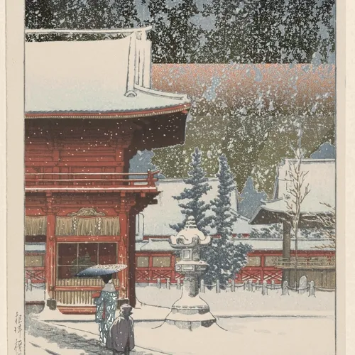 Snowy Dawn at Gongen Temple of Nezu, 1920 (Hasui)