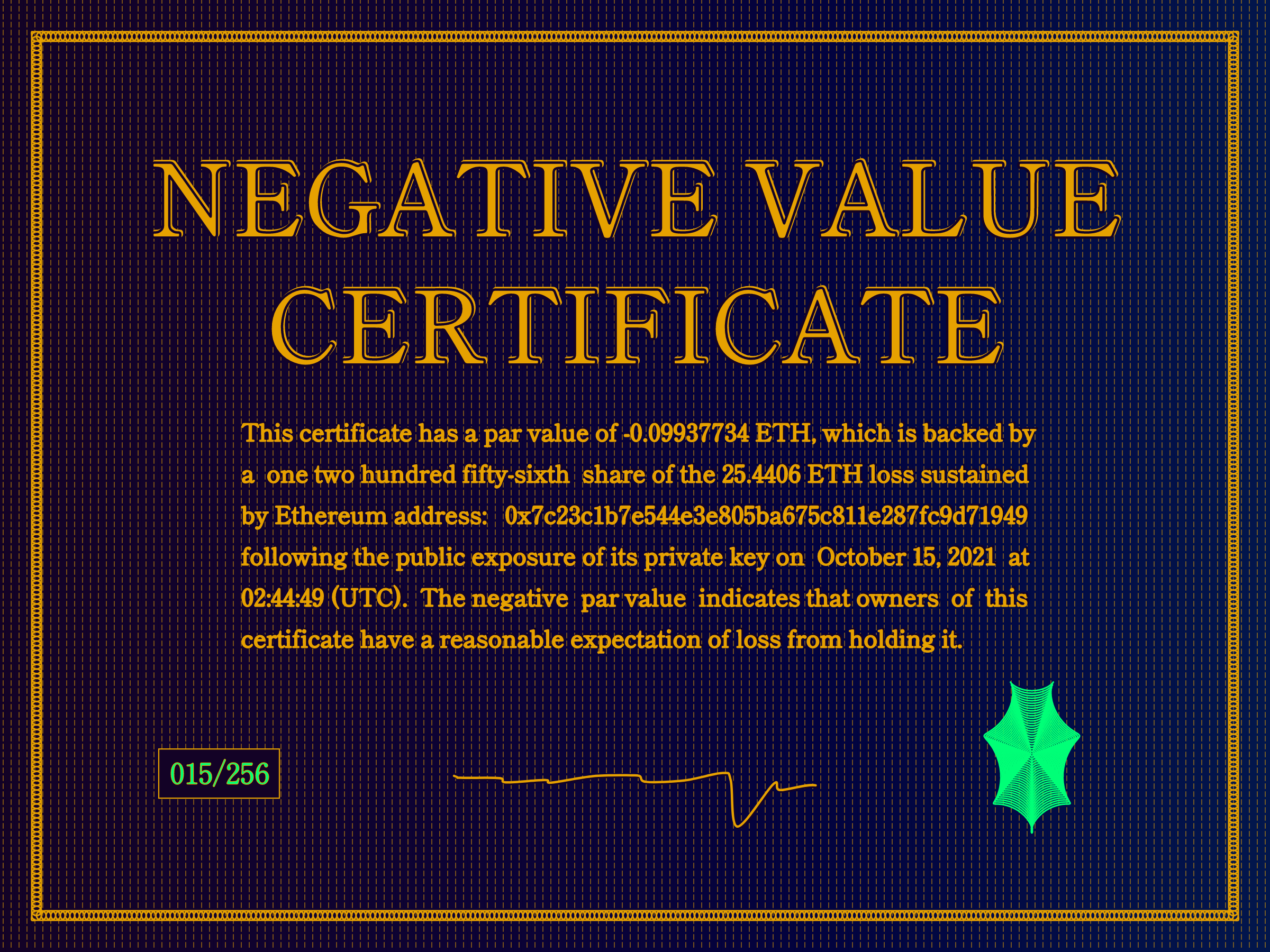Negative Value Certificate #15 of 256