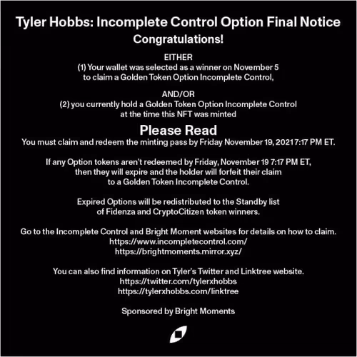 Tyler Hobbs Incomplete Control - Minting Option Winner FINAL NOTICE