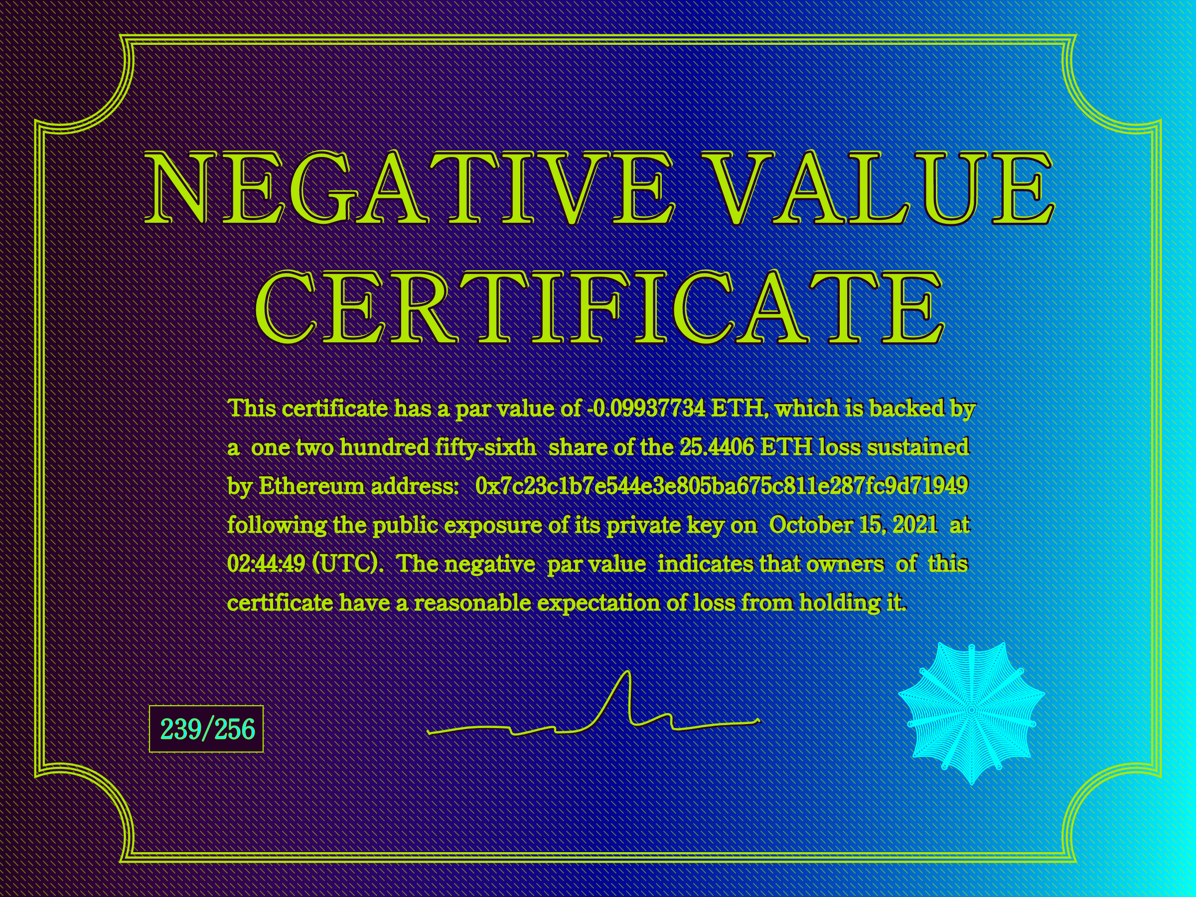 Negative Value Certificate #239 of 256