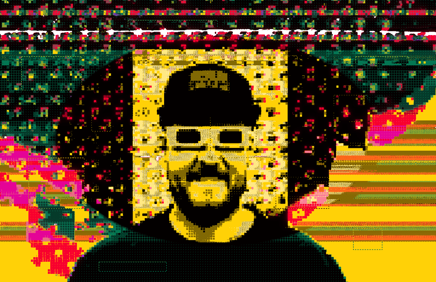 TECHNO VIGNETTE OF A GOOGLE'D COLDIE PORTRAIT WITH EMBEDDED DATAMOSHING BACKGROUND AND DOT MATRIXES