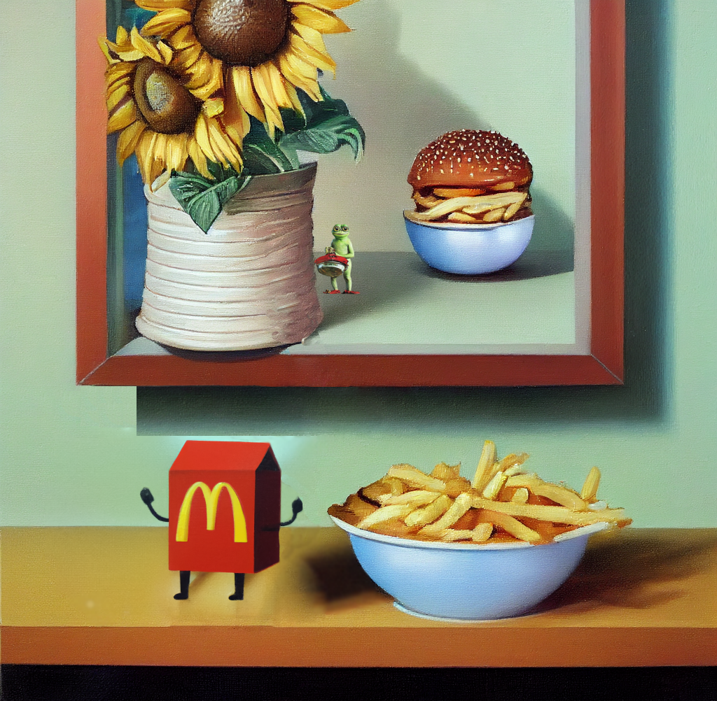 Still life of Mcdonald's Happy Meal and bowl of french fries on a wooden shelf in a private residence north of Ohio. #4/40