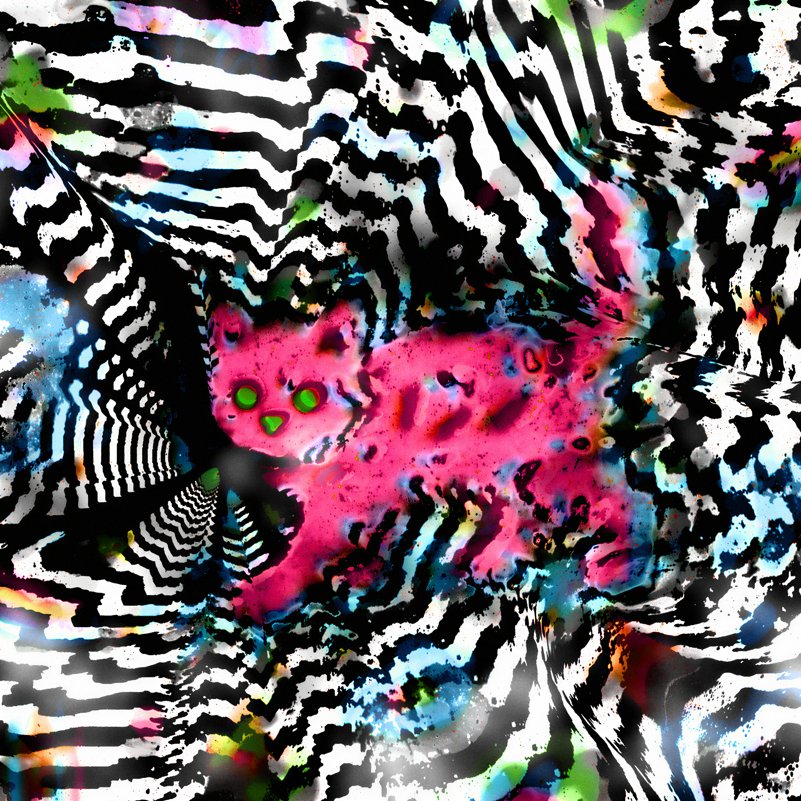ピンクの幽霊猫が  Steps Through A Tunnel Of Trembling Stripes