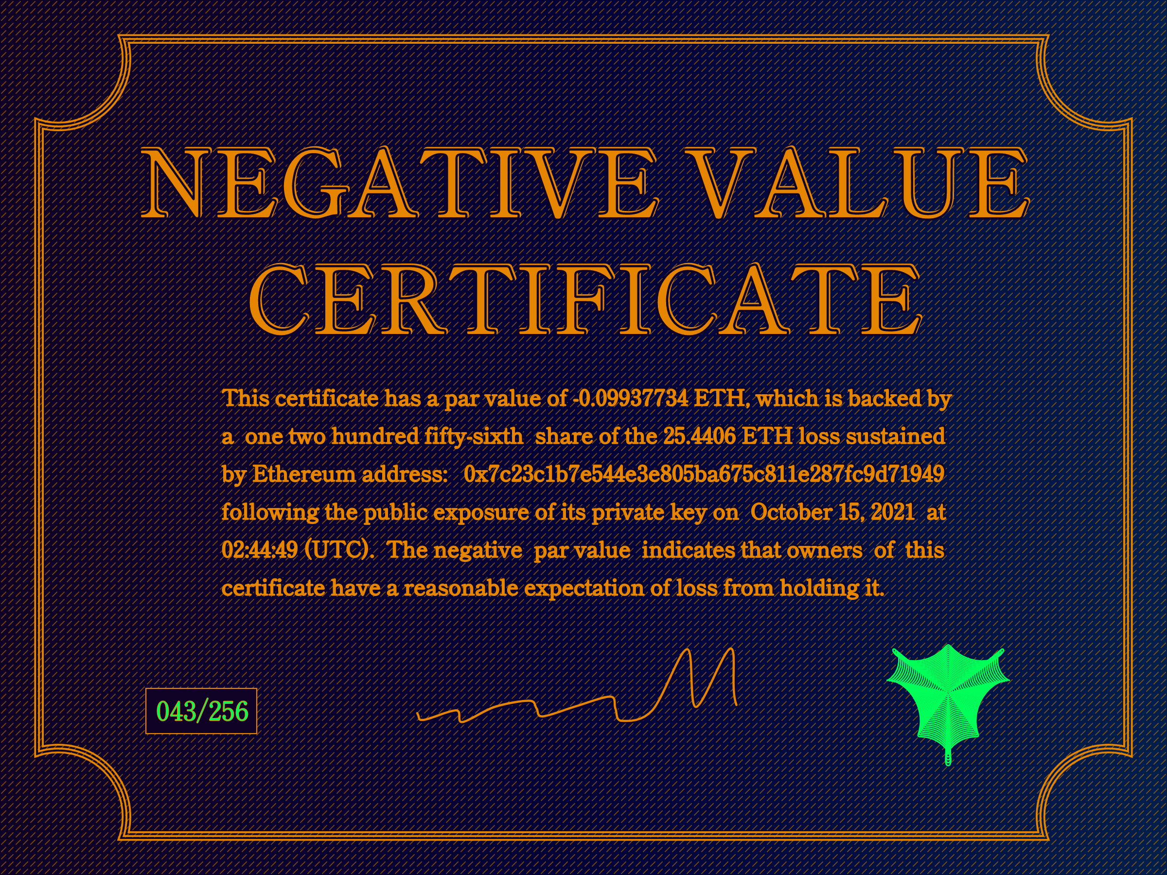 Negative Value Certificate #43 of 256