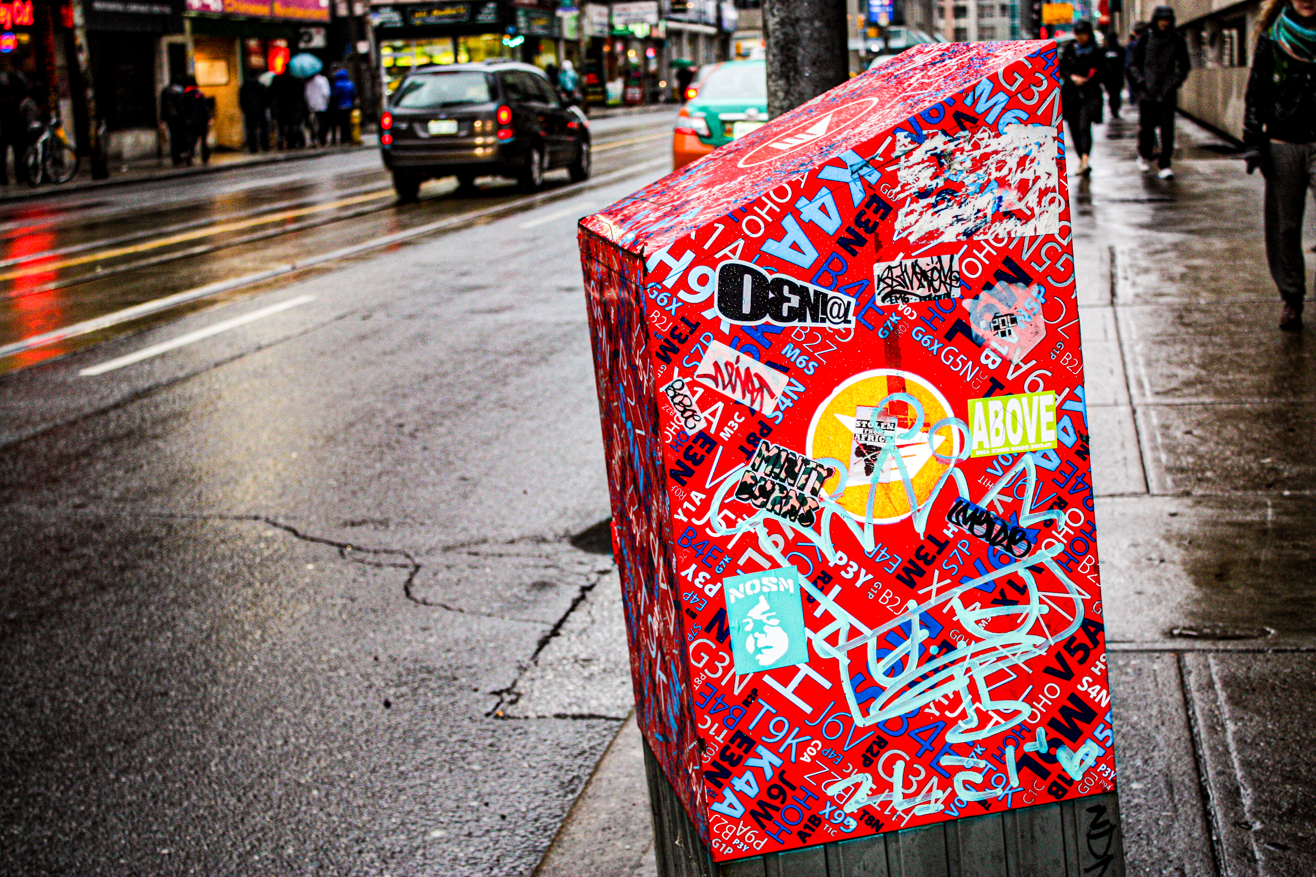 Something red and rad on a rainy day