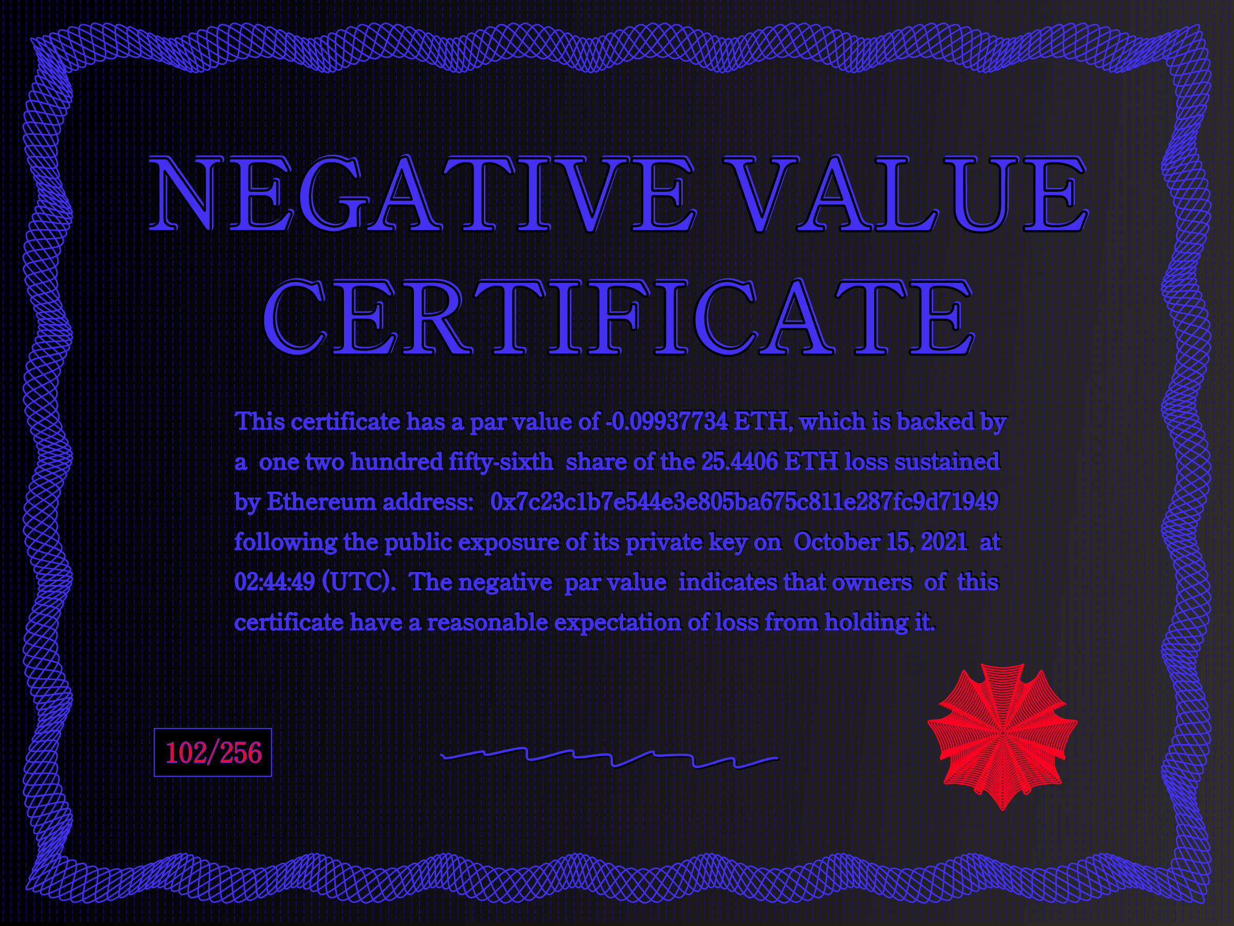 Negative Value Certificate #102 of 256