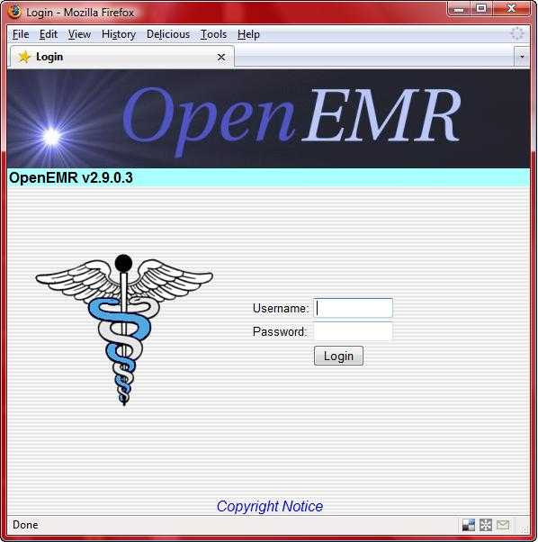 OpenEMR Legacy Version (2.9.0.3) Login Screenshot
