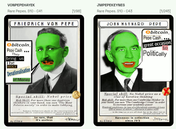 RarePepeConomists set | VONPEPEHAYEK & JMPEPEKEYNES | Series 10, Card 41 [1/101] & Card 43 [1/275]