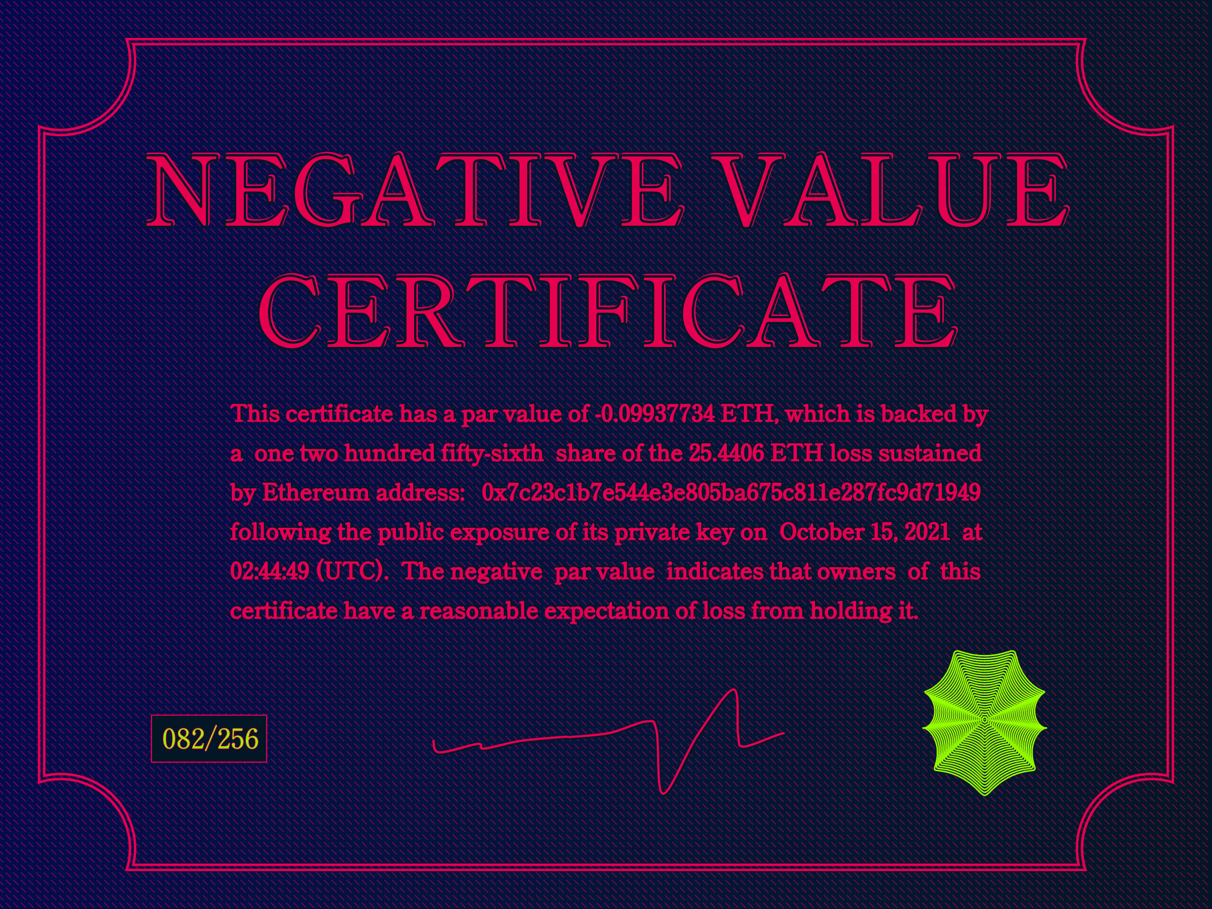 Negative Value Certificate #82 of 256