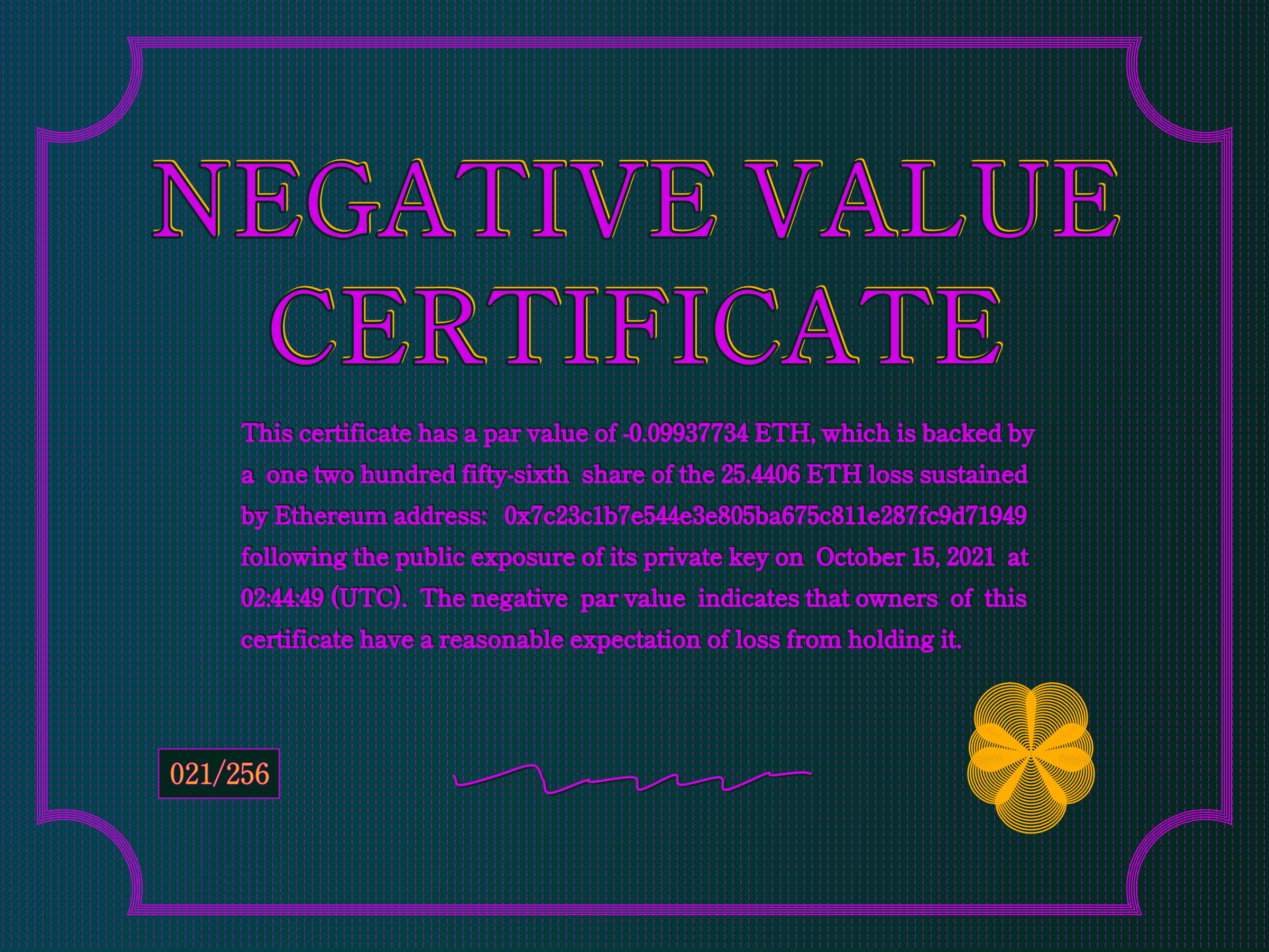 Negative Value Certificate #21 of 256