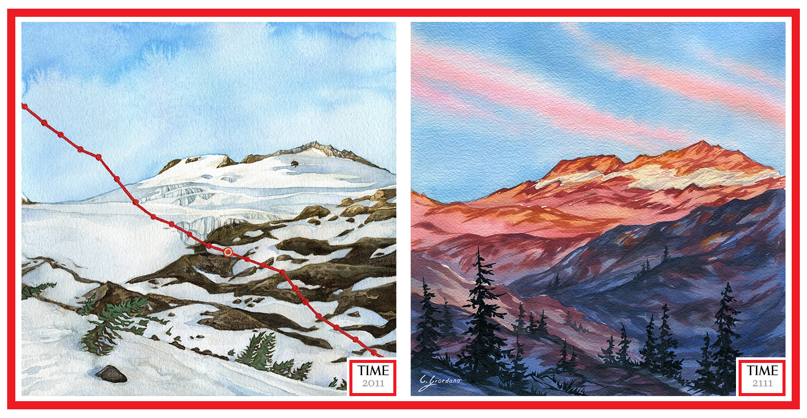 Snows of Winter Past, 2011 by Jill Pelto & Glacier’s Grave, 2111 by Claire Giordano
