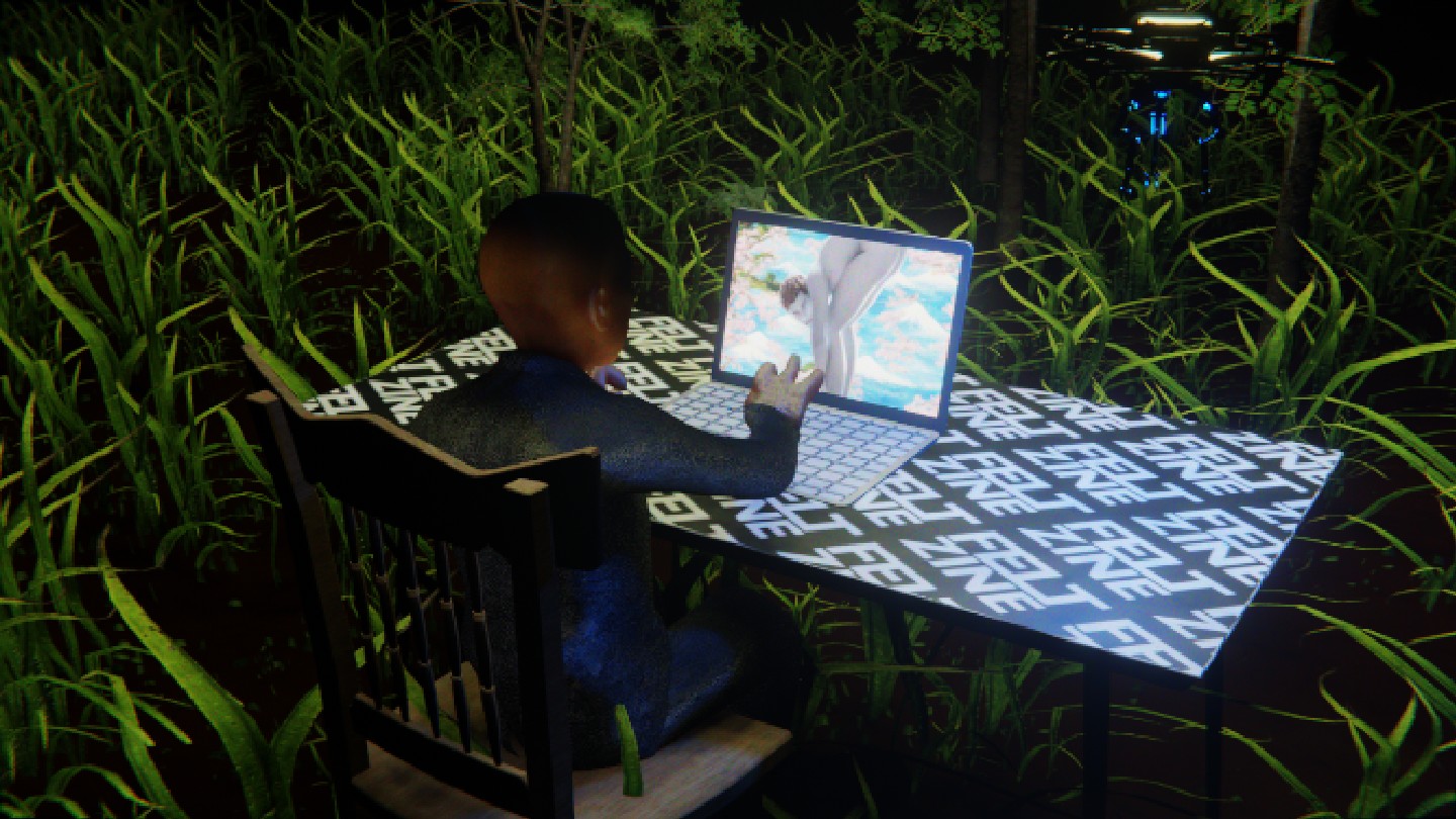 Desktop #159: The Business in the French Wood Chair With a Drone and a Gardens Monitor on a Felt Zine Table in The Forest