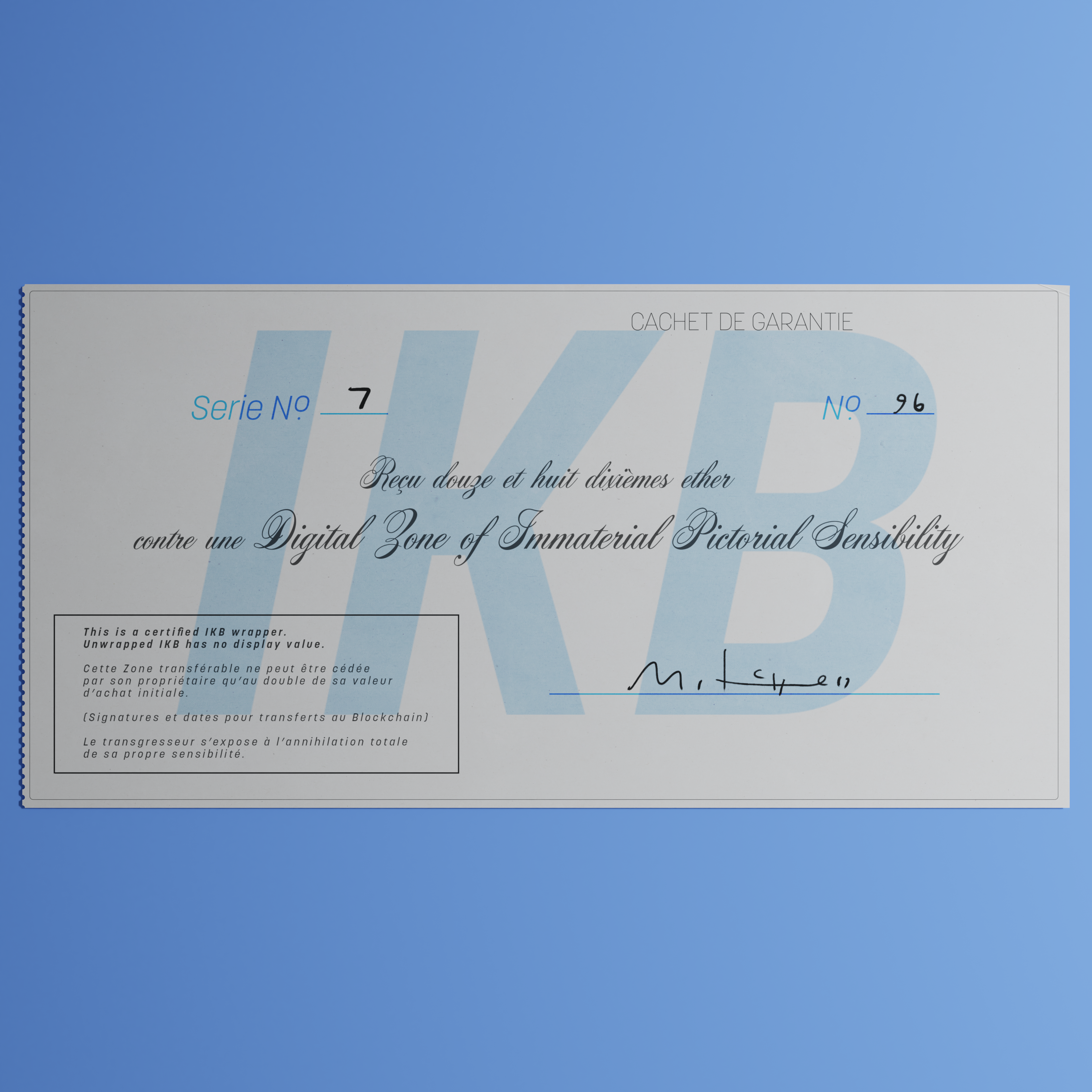 Digital Zone of Immaterial Pictorial Sensibility, Series 7, Edition 96. (Wrapped)