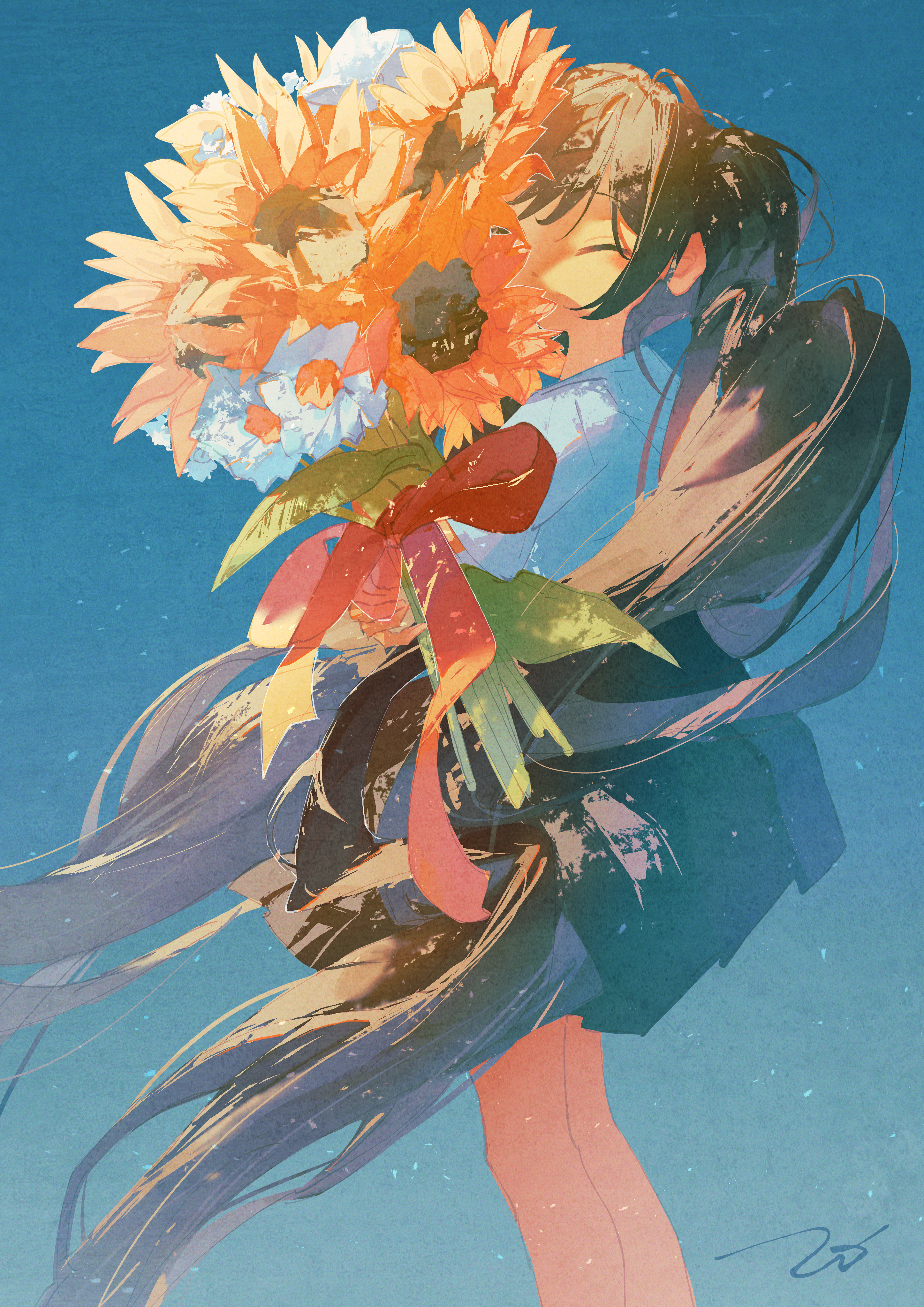 A Girl Holding a Sunflower Bouquet