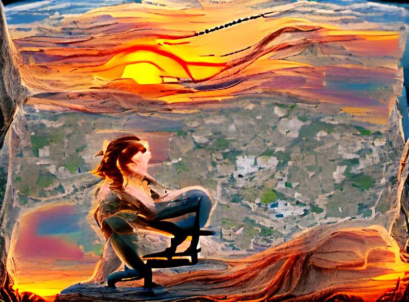 Lady sitting on the edge of the earth at sunset