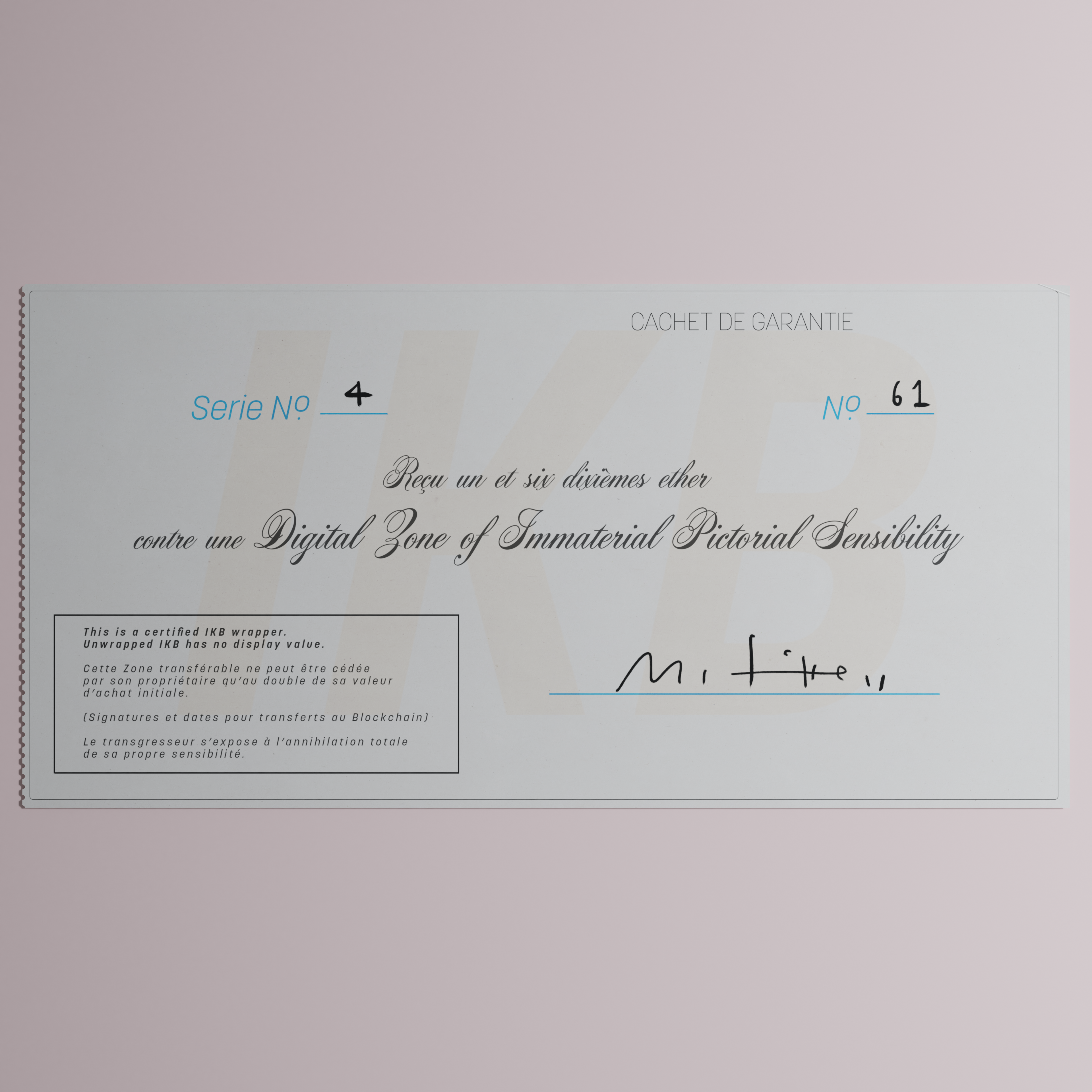 Digital Zone of Immaterial Pictorial Sensibility, Series 4, Edition 61. (Wrapped)