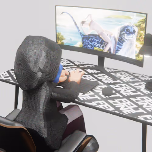 Desktop #155: The Hacker in the Eames Chair With a Desk Lamp and a Kitty Monitor on a Felt Zine Tabl