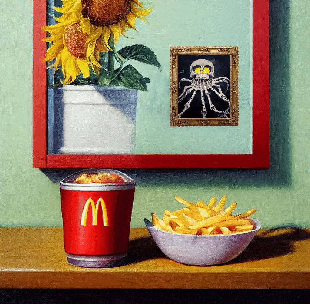 Still life of a bowl of french fries and a cup of Mcnuggets on a wooden shelf aboard a space pirate ship. #18/50