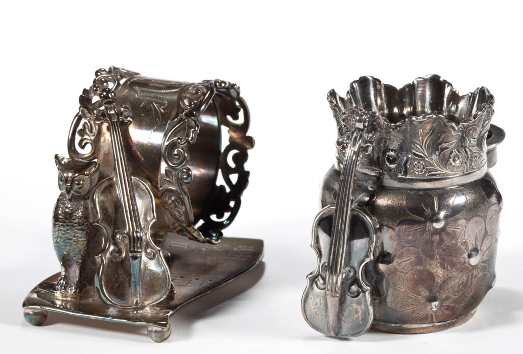 WILCOX SILVER PLATE CO. VIOLIN FIGURAL SILVER-PLATED NAPKIN RING AND TOOTHPICK HOLDER, LOT OF TWO