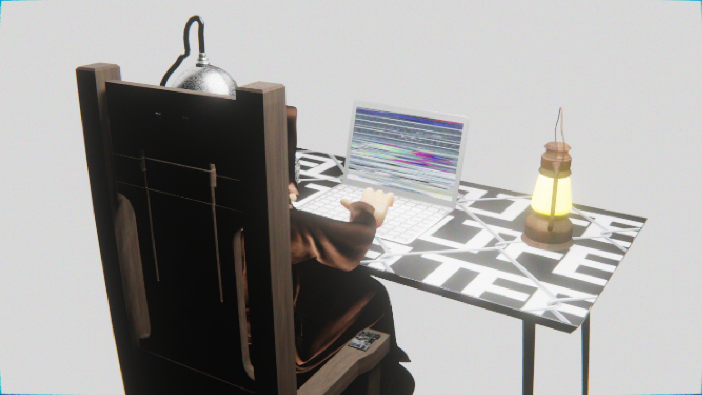 Desktop #158: The Guru in the Electric Chair With a Gas Lamp and a Please Stand By Monitor on a Barbed Wire Table in The Void