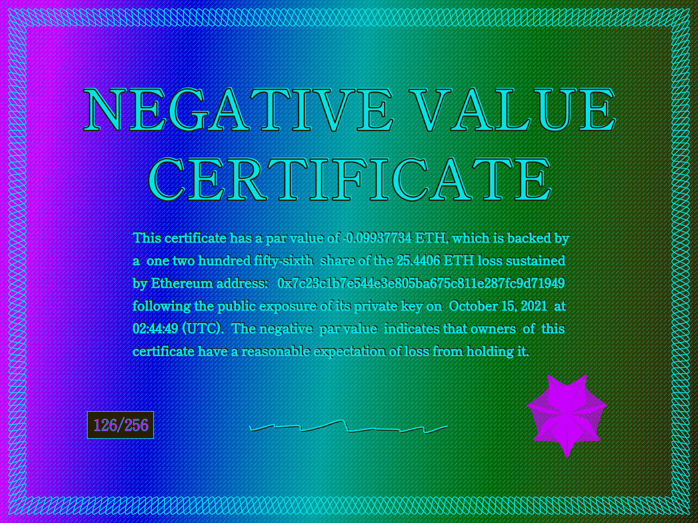 Negative Value Certificate #126 of 256