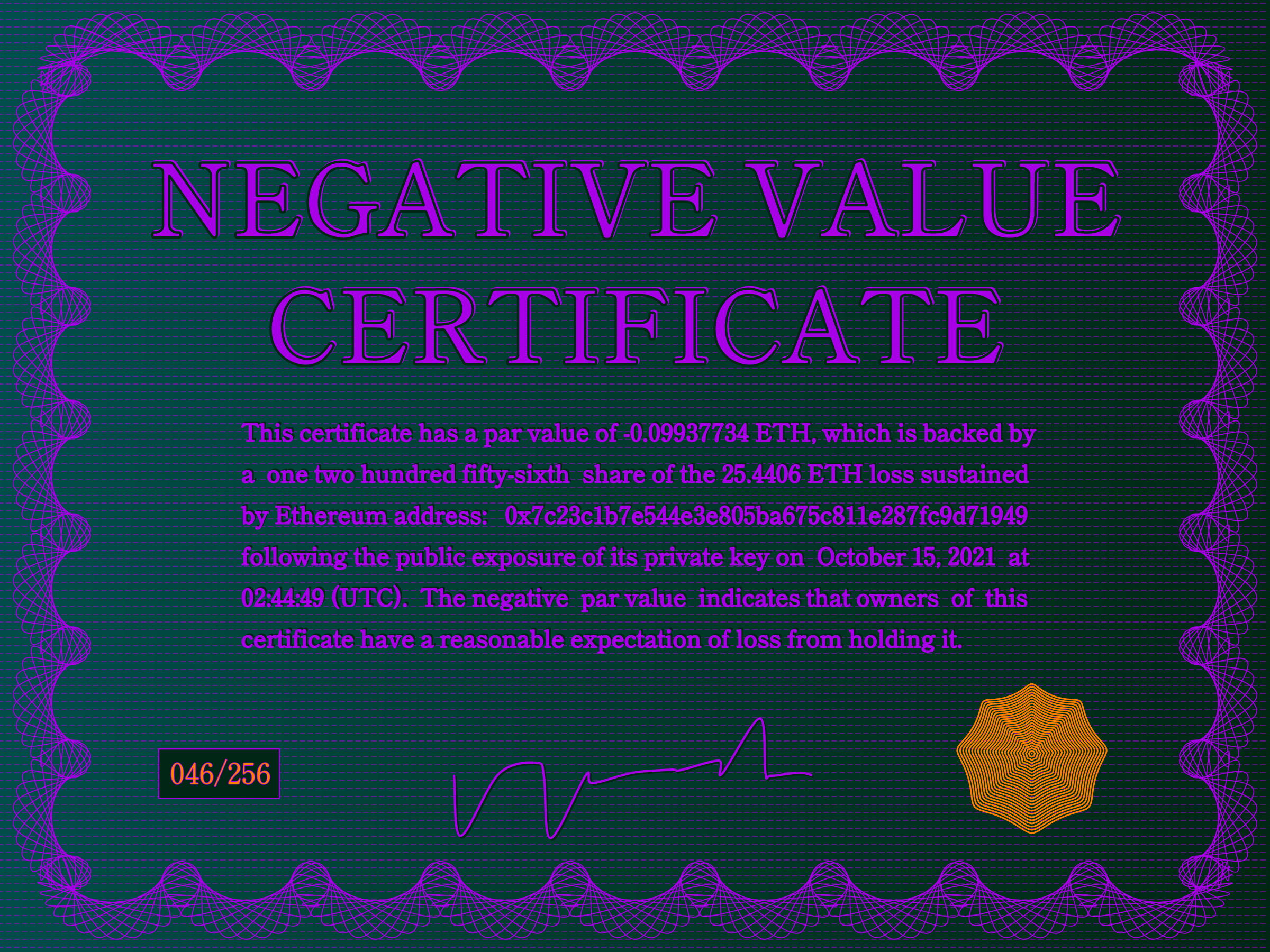 Negative Value Certificate #46 of 256