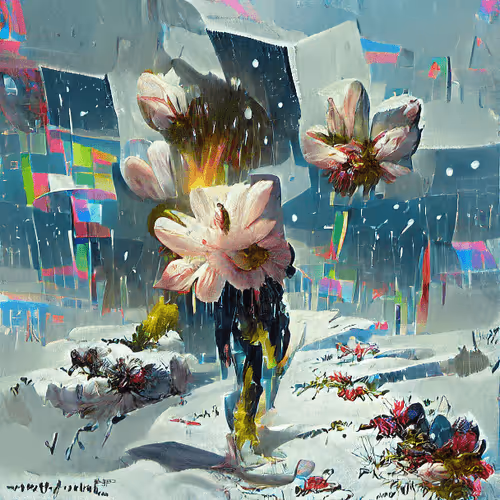 Static, not quite winter.
Snow descends into a glitched rain (unrendered).
Noise, a note to follow, “Snow.”

The cyber ashes beneath bright petals
Deny life from return
Until the warmth of spring
Gives way to new vibrancy.

It’s the only way to design a flower.