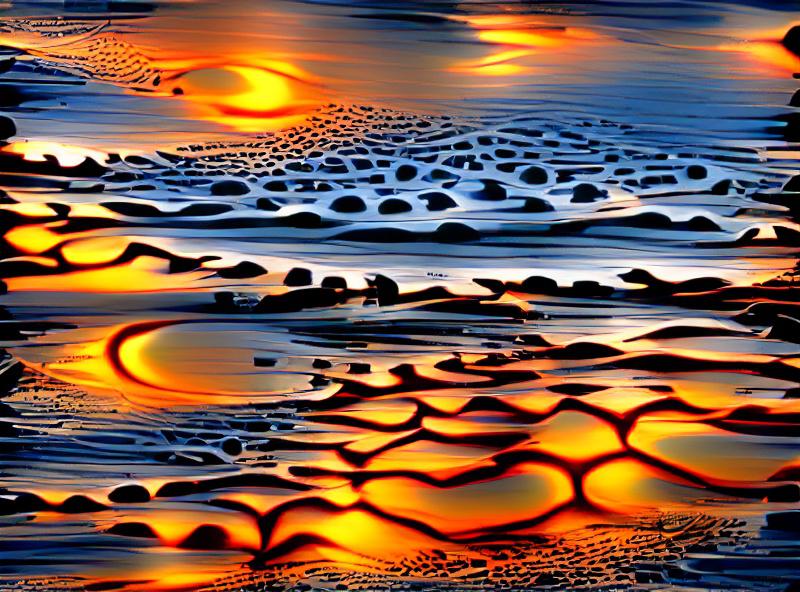Fractals of a sunset reflecting in tides washing up along a placid, empty beach