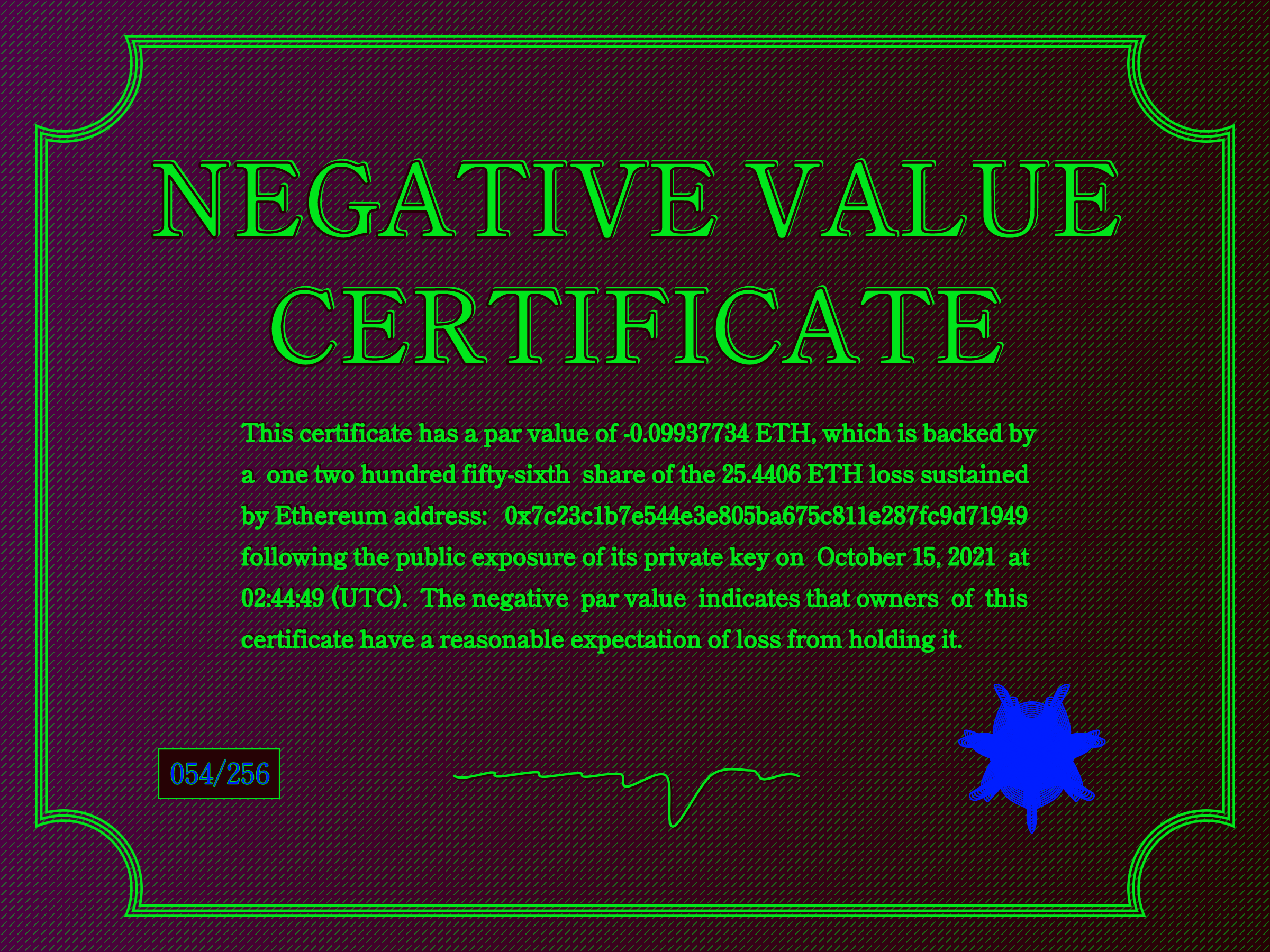 Negative Value Certificate #54 of 256