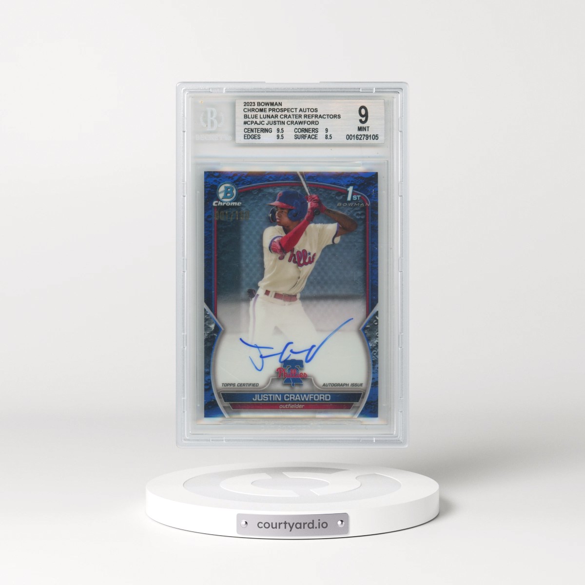 2023 Bowman Chrome Prospect Autographs #CPAJC Justin Crawford - Blue Lunar Crater Refractor (BGS 9 MINT)